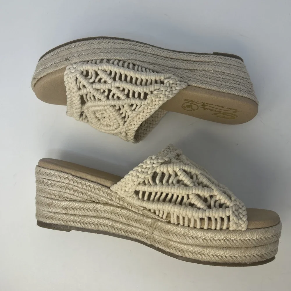 Sbicca Eureka‎ Macrame Wedge Sandals Beige Natural Boho Espadrille Slide Size 9